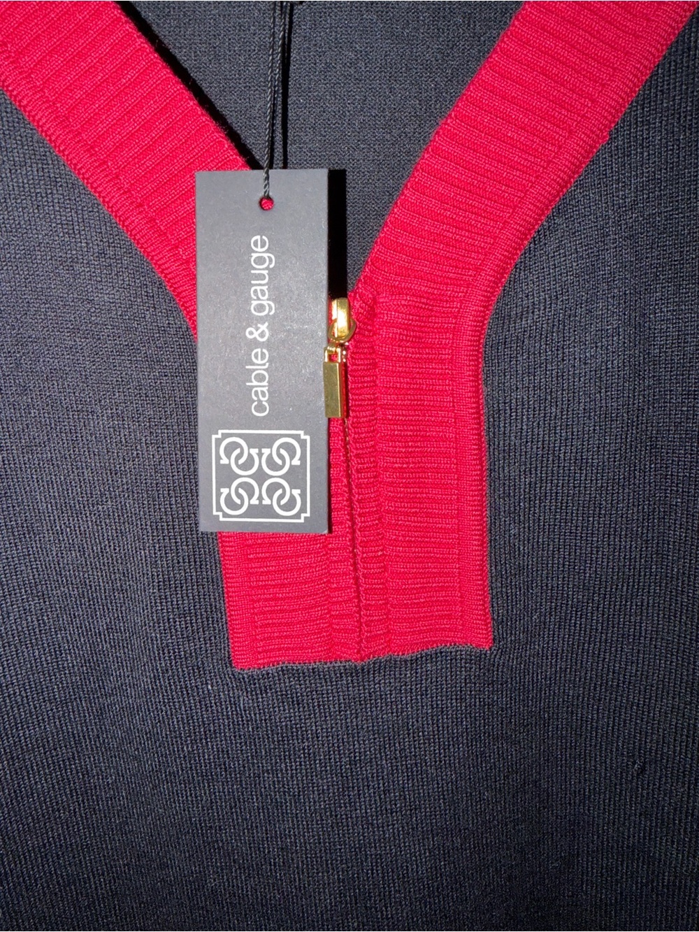 Cable & Gauge Black Sweater with Bright Red V-Neck Trim - Picture 3 of 4